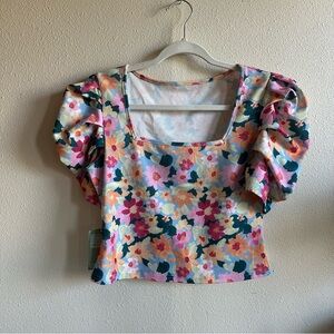 H&M Floral Puff Sleeve Square Neck Crop Top - Pink, Yellow, Teal